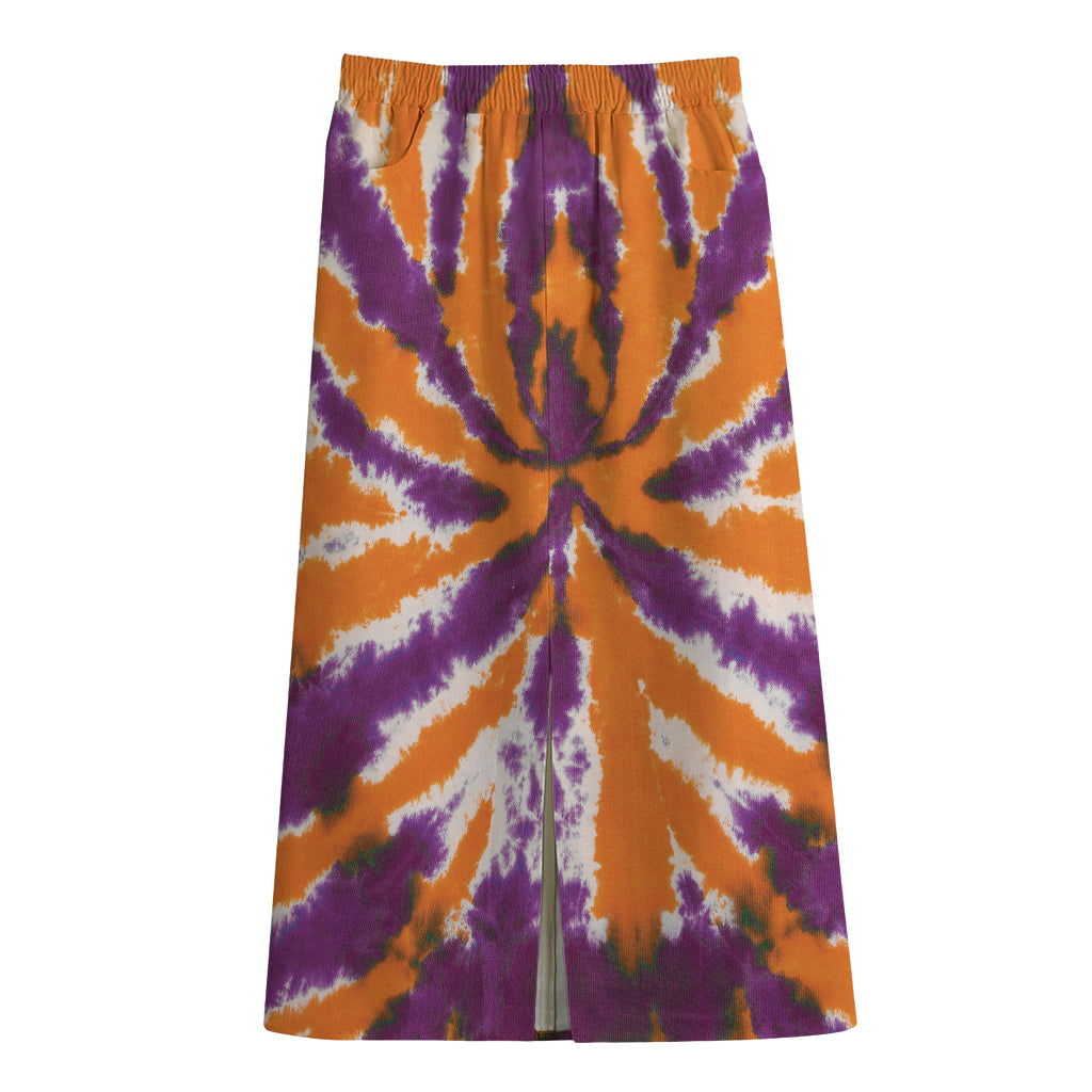 Purple And Orange Spider Tie Dye Print Cotton Front Slit Maxi Skirt