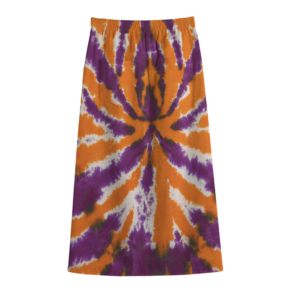 Purple And Orange Spider Tie Dye Print Cotton Front Slit Maxi Skirt