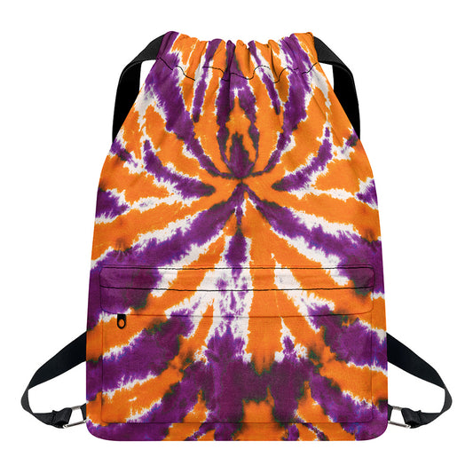 Purple And Orange Spider Tie Dye Print Drawstring Backpack