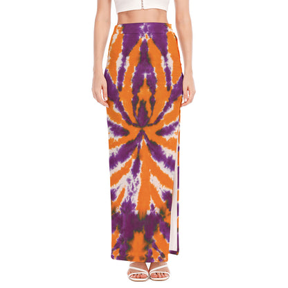 Purple And Orange Spider Tie Dye Print High Slit Maxi Skirt