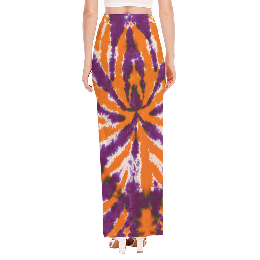 Purple And Orange Spider Tie Dye Print High Slit Maxi Skirt