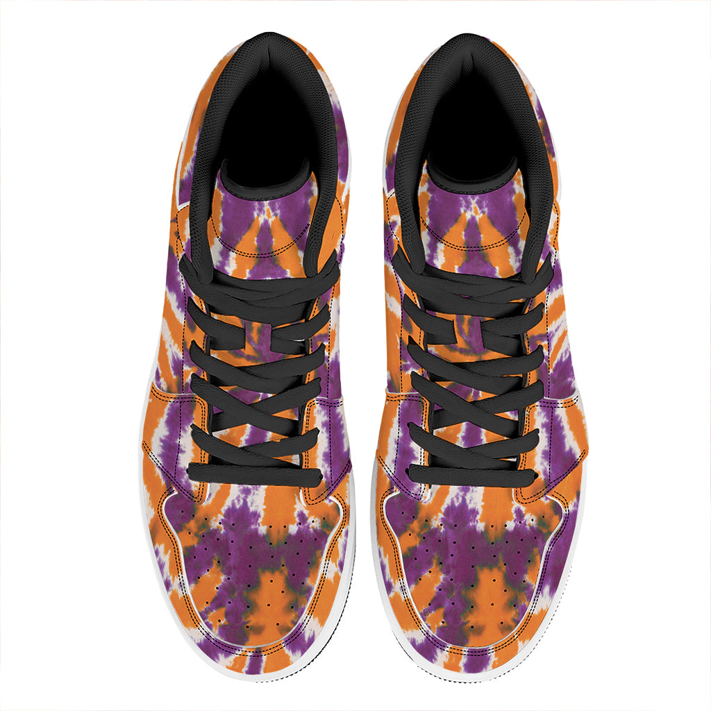 Purple And Orange Spider Tie Dye Print High Top Leather Sneakers