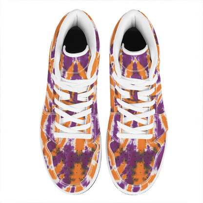 Purple And Orange Spider Tie Dye Print High Top Leather Sneakers