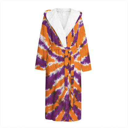 Purple And Orange Spider Tie Dye Print Hooded Bathrobe