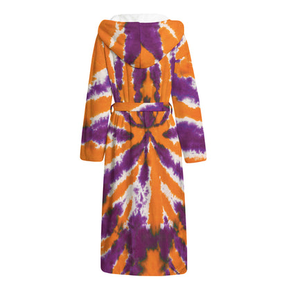 Purple And Orange Spider Tie Dye Print Hooded Bathrobe