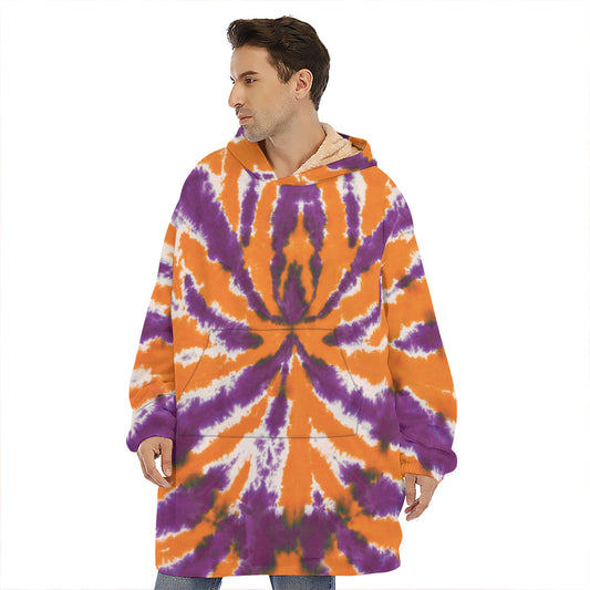 Purple And Orange Spider Tie Dye Print Hoodie Blanket