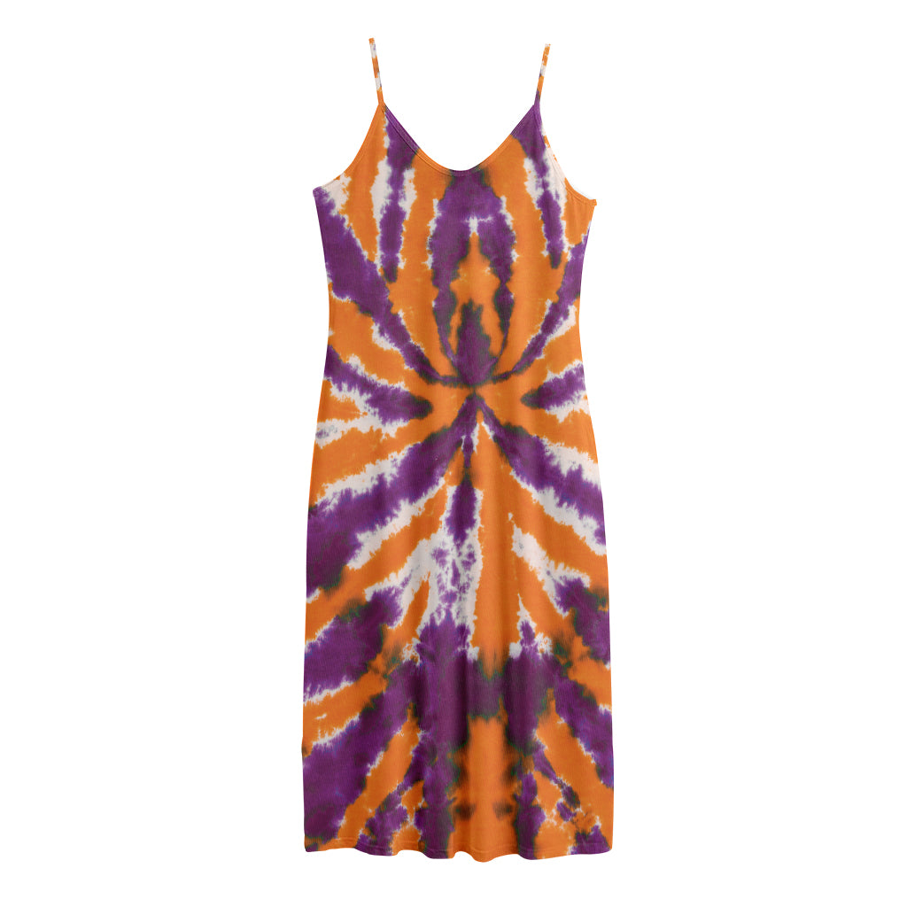 Purple And Orange Spider Tie Dye Print Jersey Midi Cami Dress