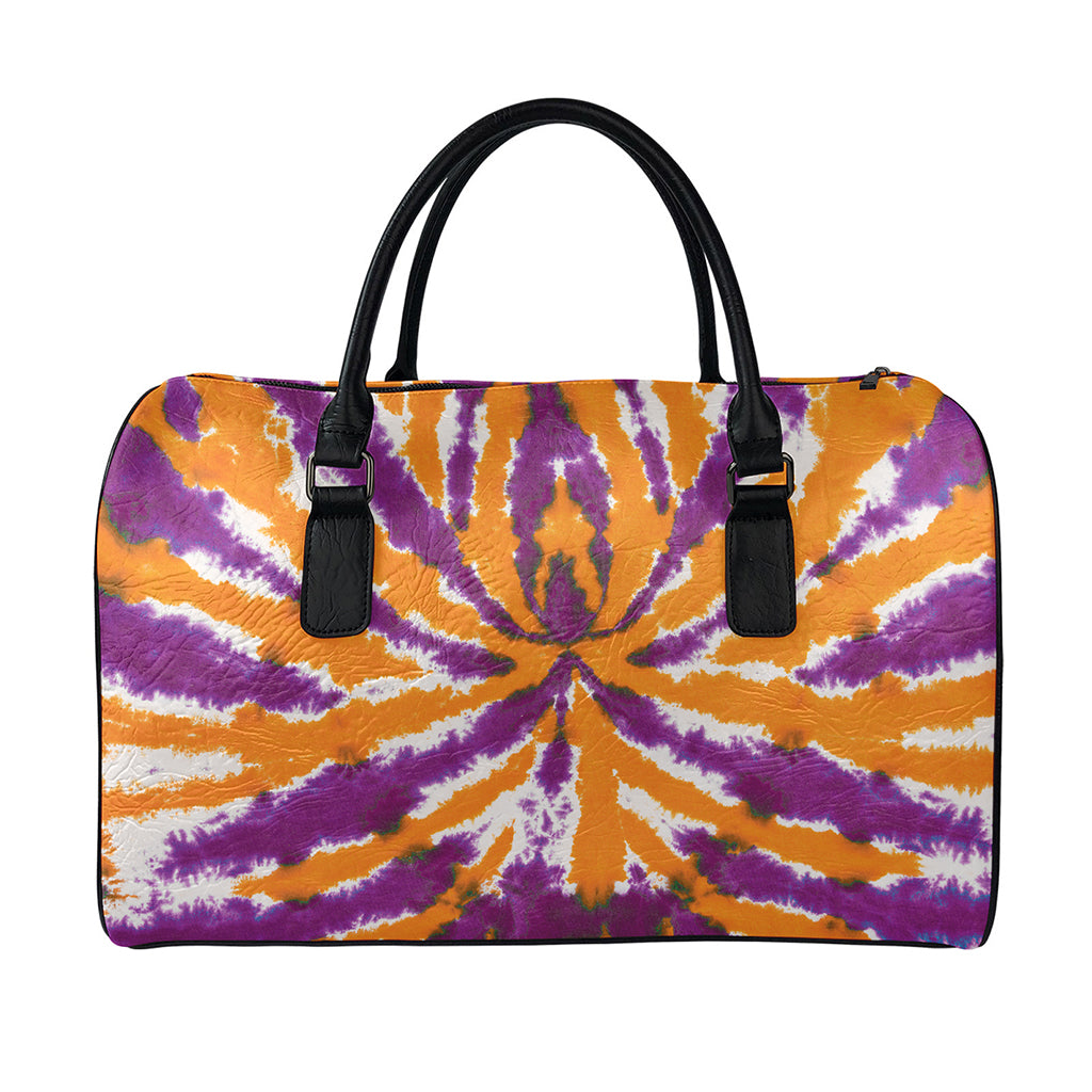 Purple And Orange Spider Tie Dye Print Leather Duffle Bag