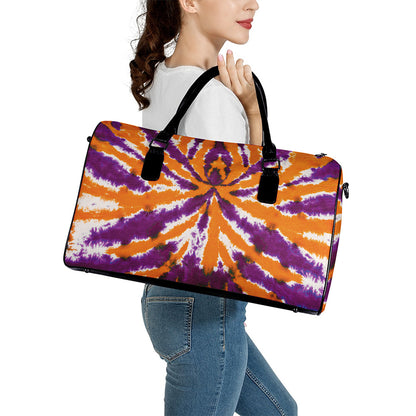Purple And Orange Spider Tie Dye Print Leather Duffle Bag