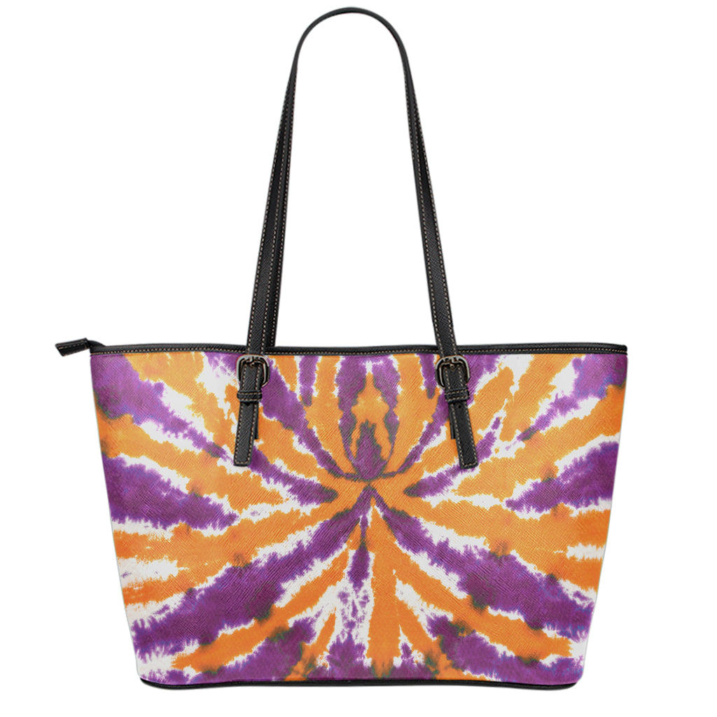 Purple And Orange Spider Tie Dye Print Leather Tote Bag