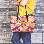 Purple And Orange Spider Tie Dye Print Leather Tote Bag
