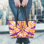 Purple And Orange Spider Tie Dye Print Leather Tote Bag