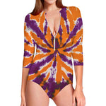 Purple And Orange Spider Tie Dye Print Long Sleeve Swimsuit