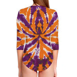 Purple And Orange Spider Tie Dye Print Long Sleeve Swimsuit