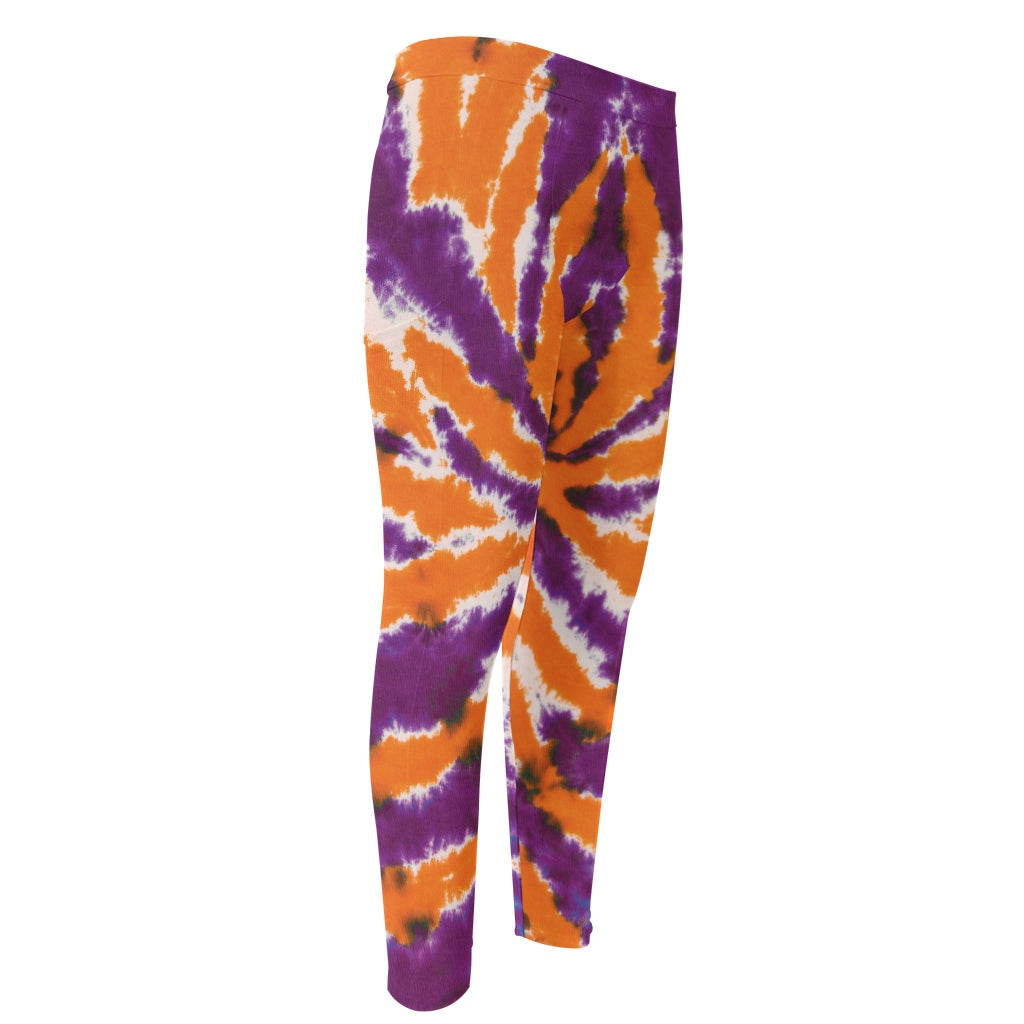 Purple And Orange Spider Tie Dye Print Men's Compression Pants