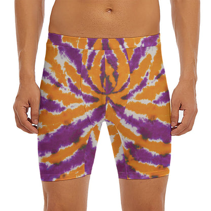 Purple And Orange Spider Tie Dye Print Men's Long Boxer Briefs