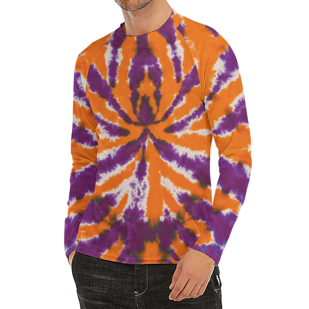 Purple And Orange Spider Tie Dye Print Men's Long Sleeve Rash Guard
