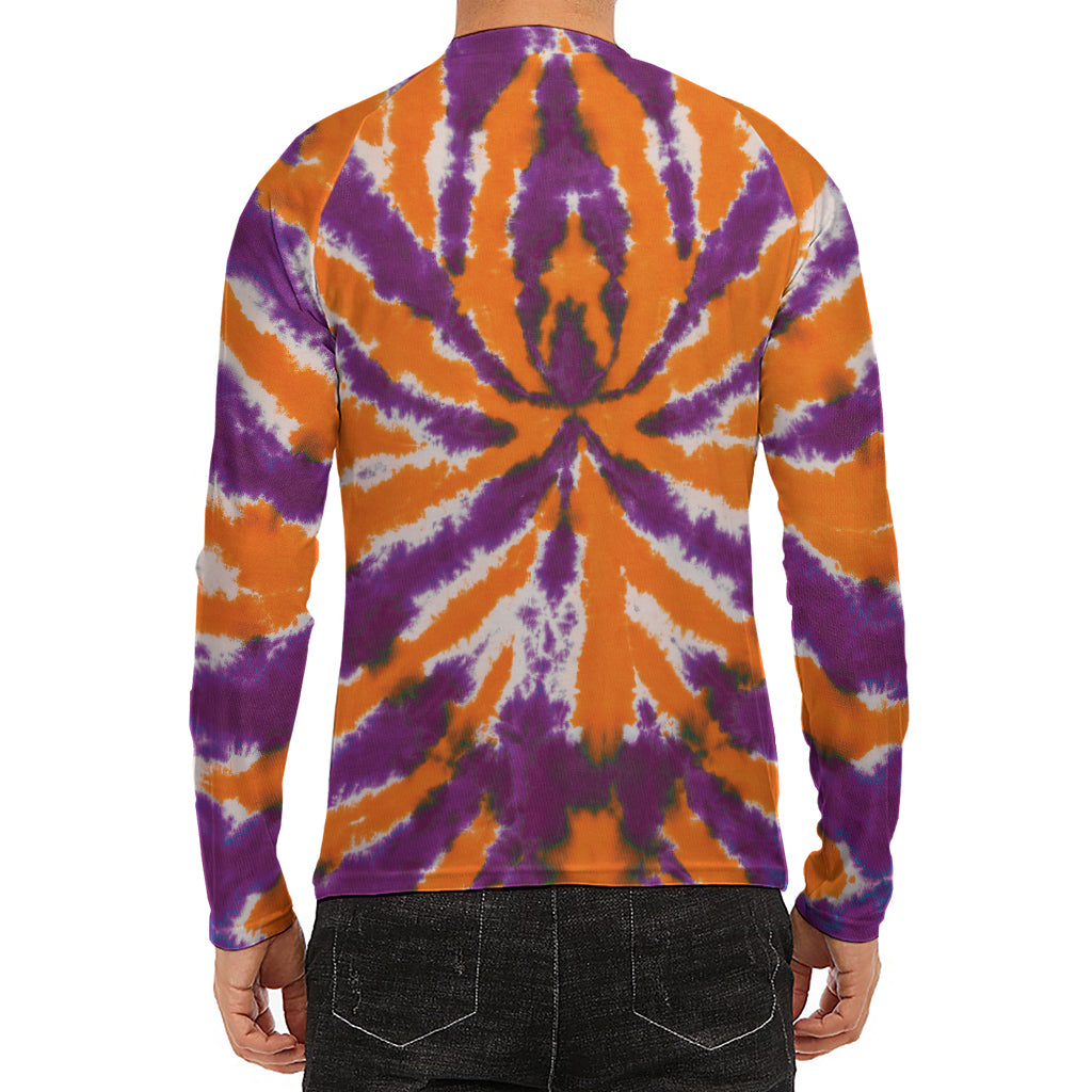 Purple And Orange Spider Tie Dye Print Men's Long Sleeve Rash Guard