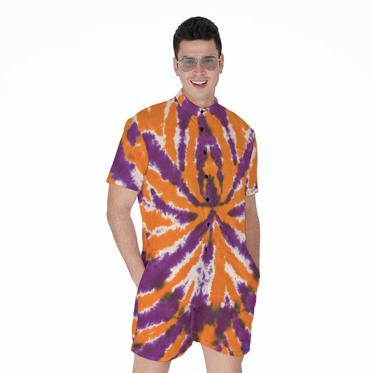 Purple And Orange Spider Tie Dye Print Men's Rompers