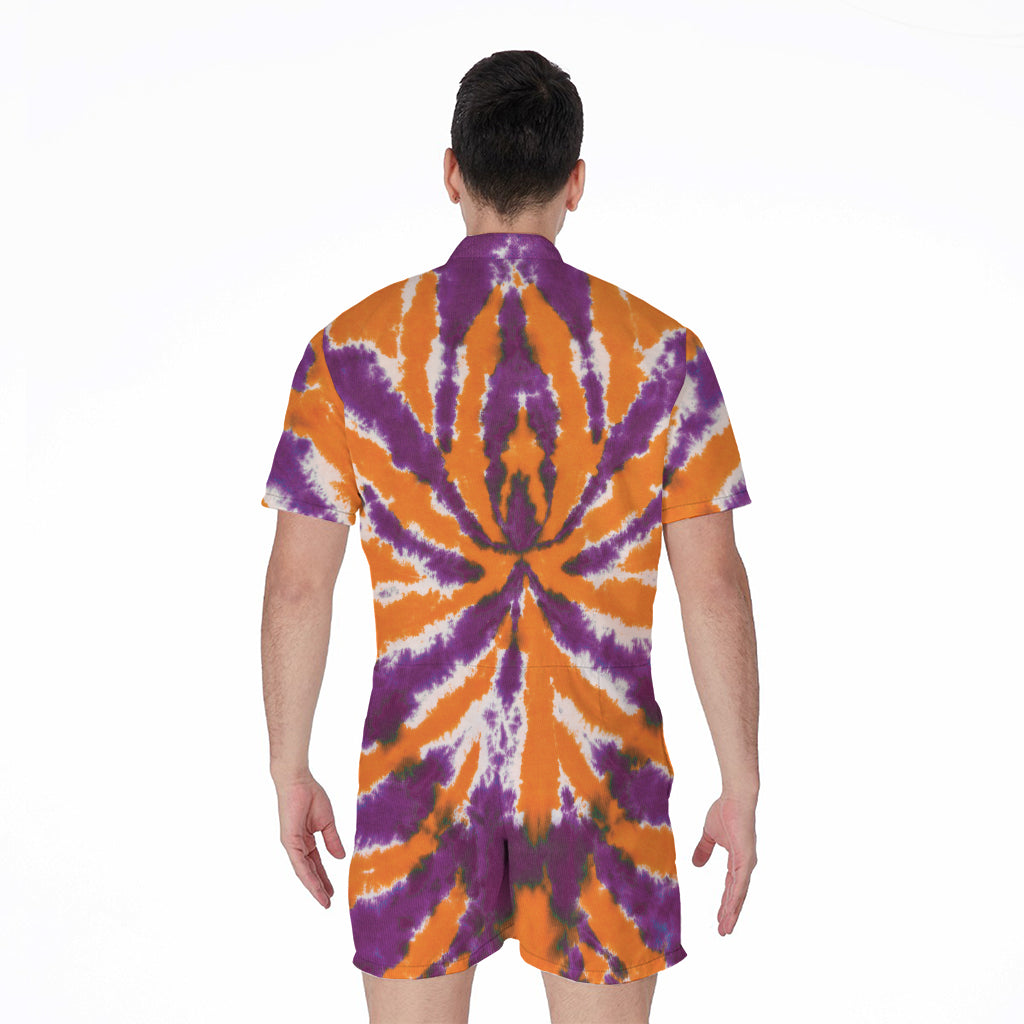Purple And Orange Spider Tie Dye Print Men's Rompers