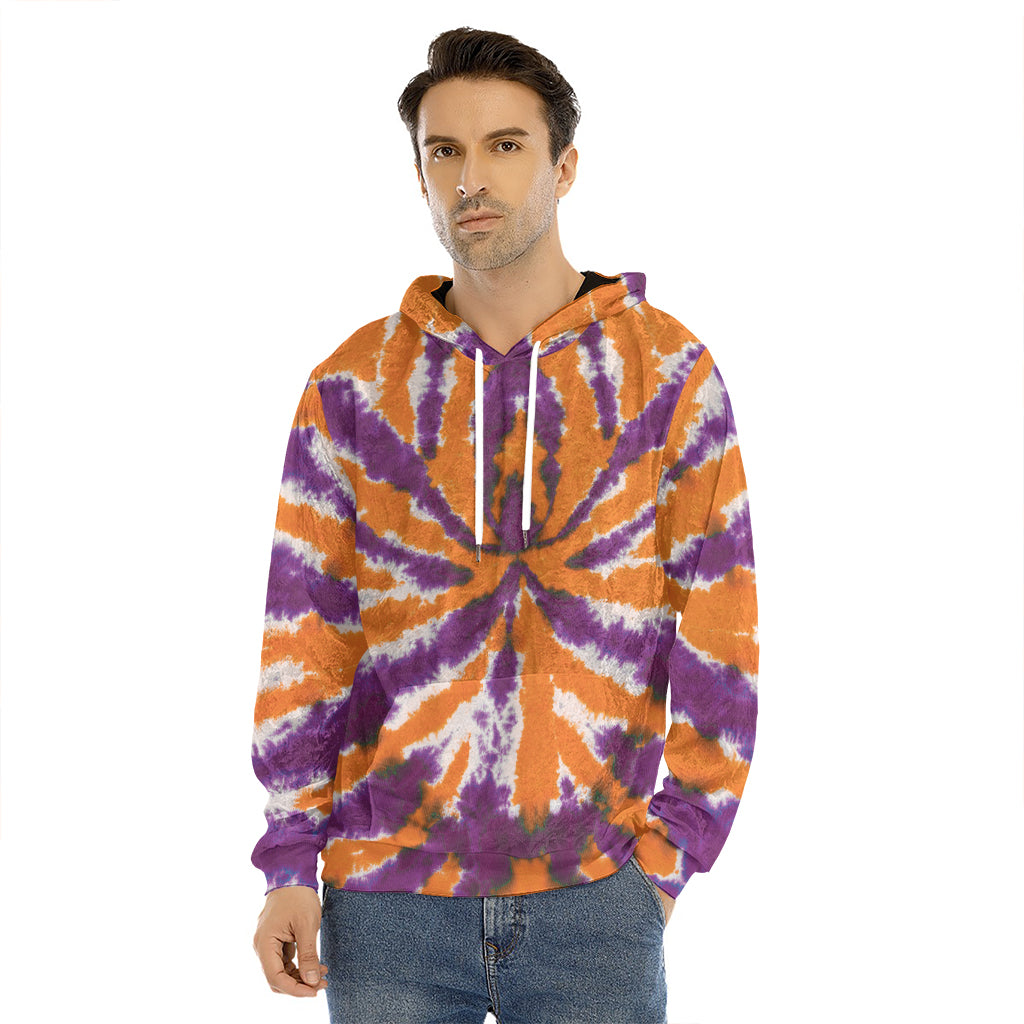 Purple And Orange Spider Tie Dye Print Men's Velvet Pullover Hoodie