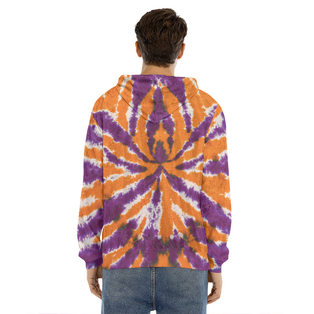 Purple And Orange Spider Tie Dye Print Men's Velvet Pullover Hoodie