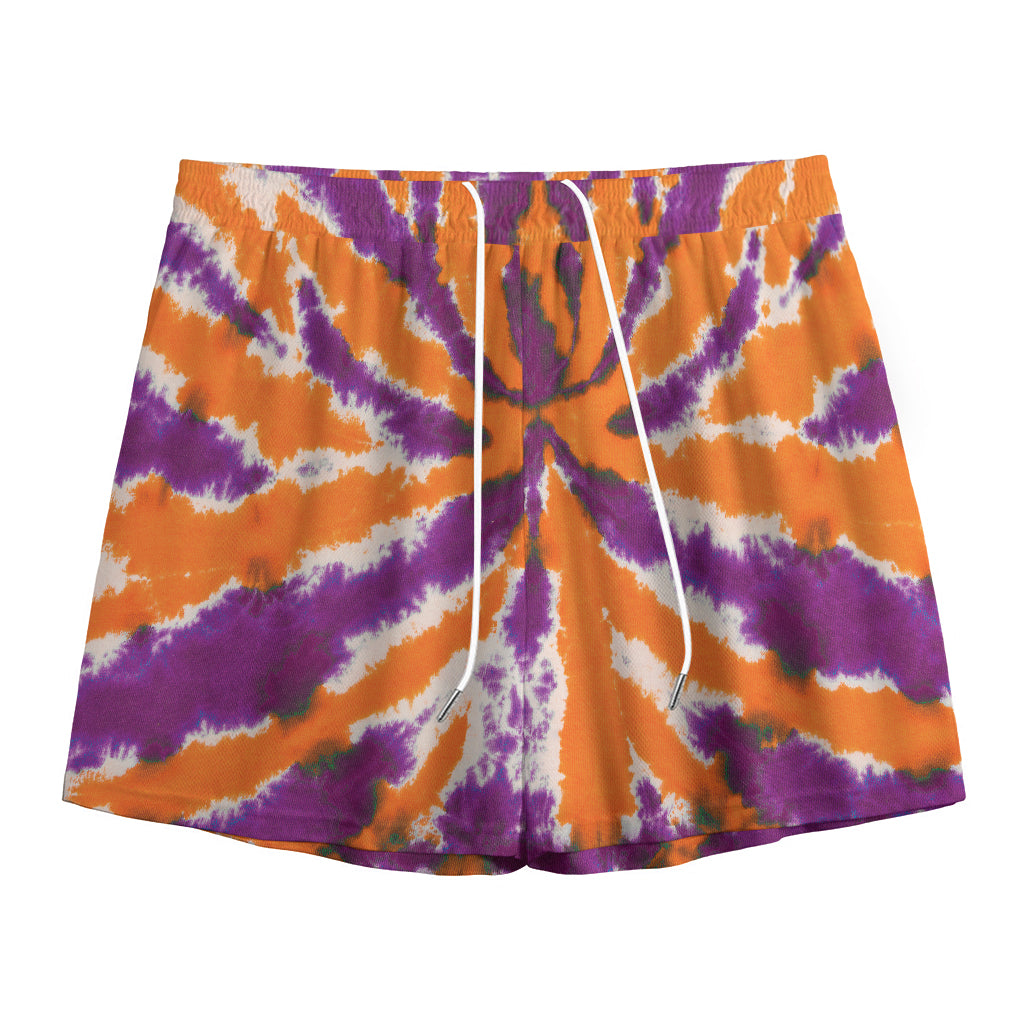 Purple And Orange Spider Tie Dye Print Mesh Shorts