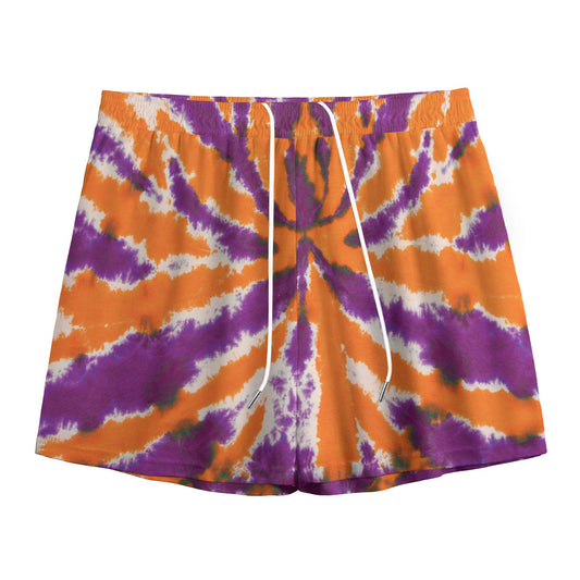 Purple And Orange Spider Tie Dye Print Mesh Shorts