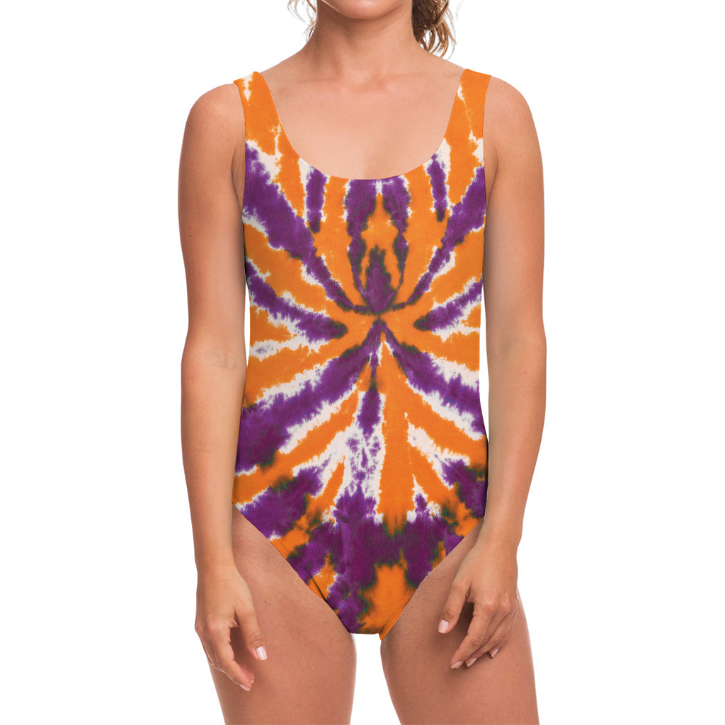 Purple And Orange Spider Tie Dye Print One Piece Swimsuit