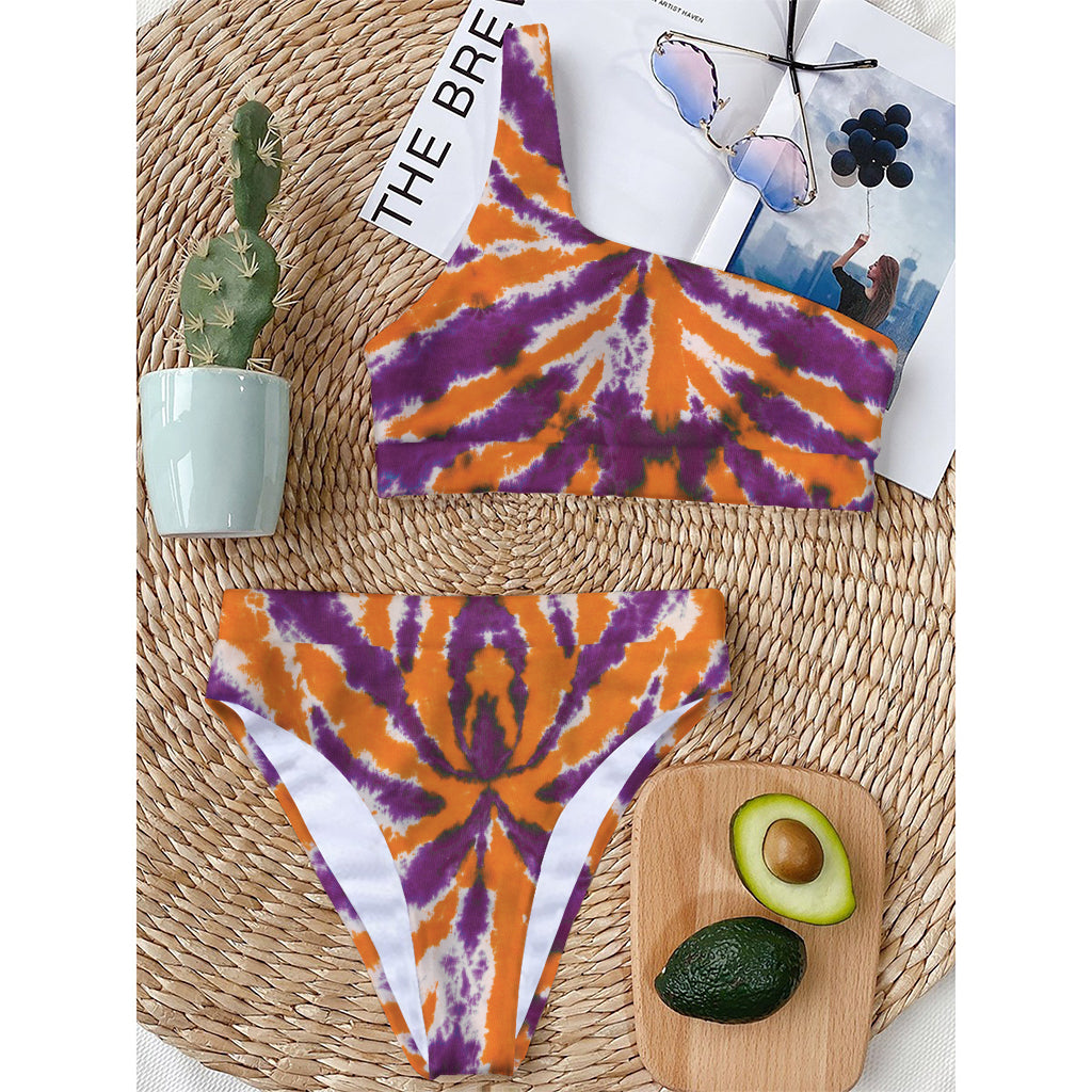 Purple And Orange Spider Tie Dye Print One Shoulder Bikini Top