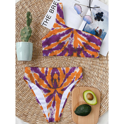 Purple And Orange Spider Tie Dye Print One Shoulder Bikini Top