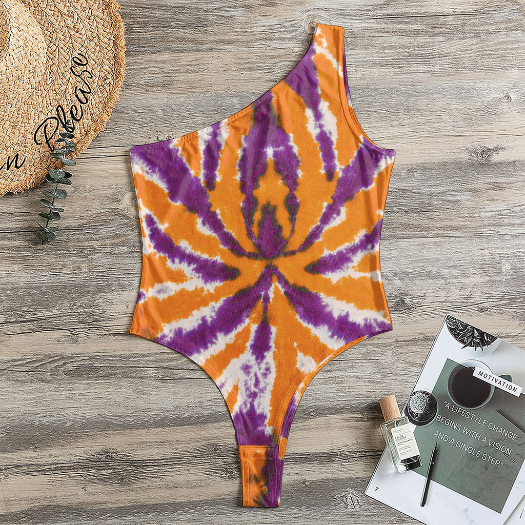 Purple And Orange Spider Tie Dye Print One Shoulder Bodysuit