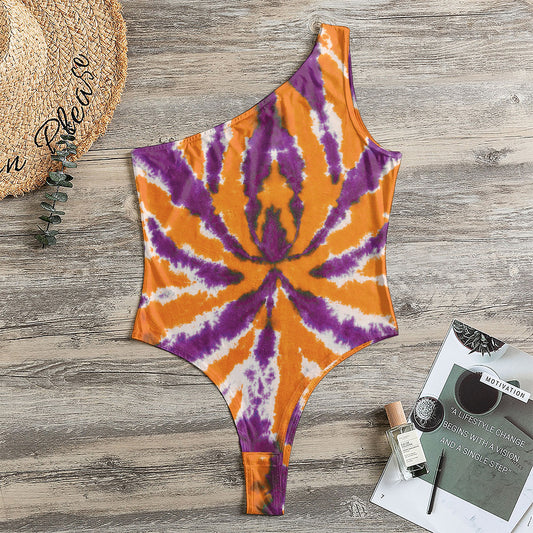 Purple And Orange Spider Tie Dye Print One Shoulder Bodysuit