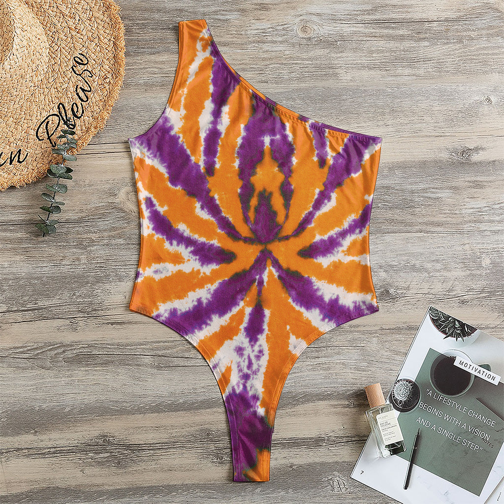 Purple And Orange Spider Tie Dye Print One Shoulder Bodysuit
