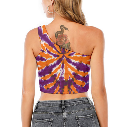 Purple And Orange Spider Tie Dye Print One Shoulder Crop Top