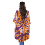Purple And Orange Spider Tie Dye Print Open Front Beach Cover Up