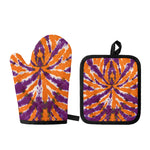 Purple And Orange Spider Tie Dye Print Oven Mitt And Pot Holder Set