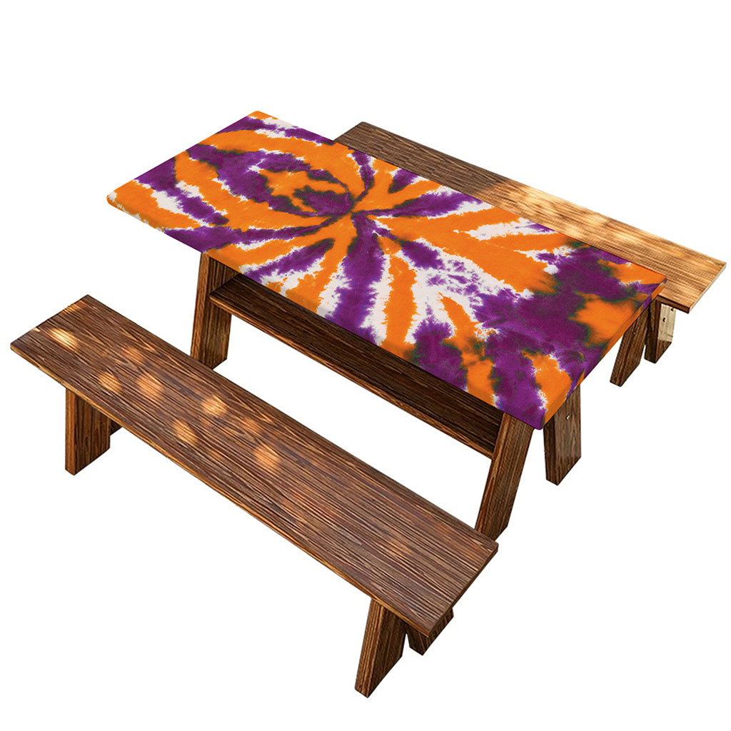 Purple And Orange Spider Tie Dye Print Picnic Table Cover