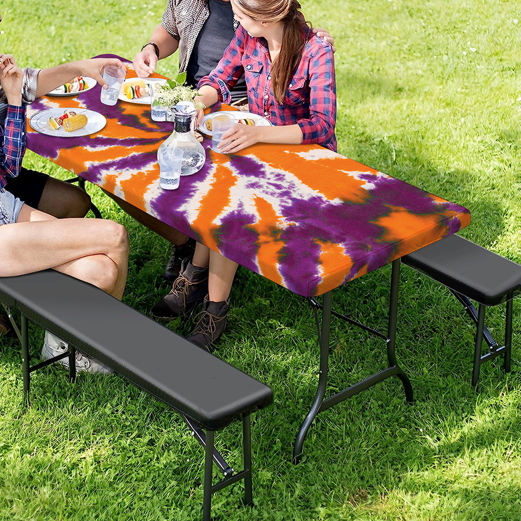 Purple And Orange Spider Tie Dye Print Picnic Table Cover