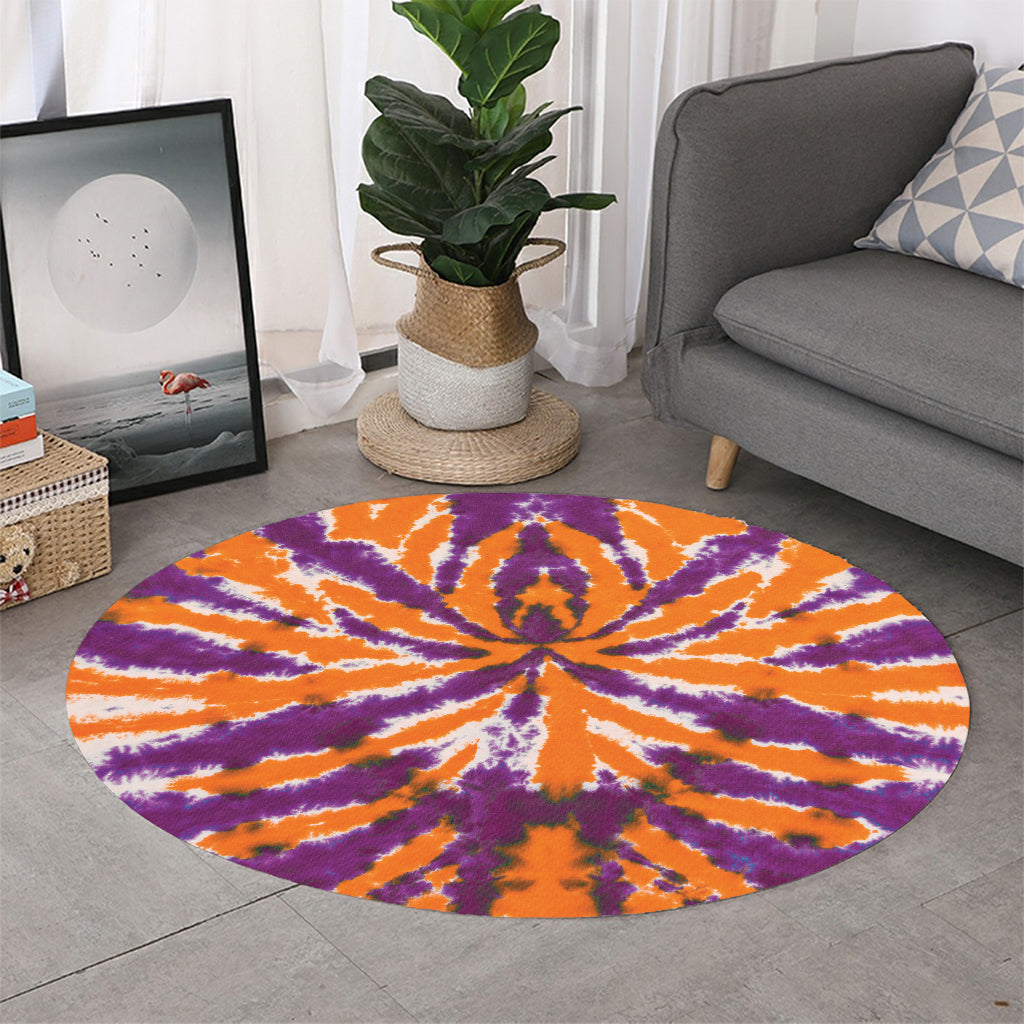 Purple And Orange Spider Tie Dye Print Round Rug