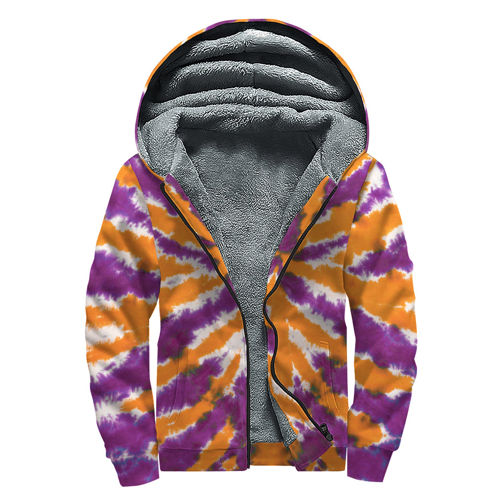 Purple And Orange Spider Tie Dye Print Sherpa Lined Zip Up Hoodie