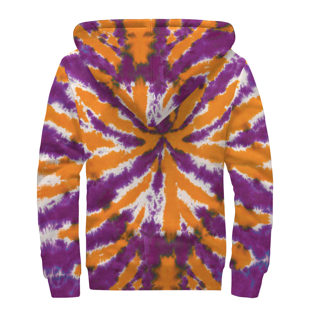 Purple And Orange Spider Tie Dye Print Sherpa Lined Zip Up Hoodie