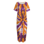 Purple And Orange Spider Tie Dye Print Short Sleeve Long Nightdress