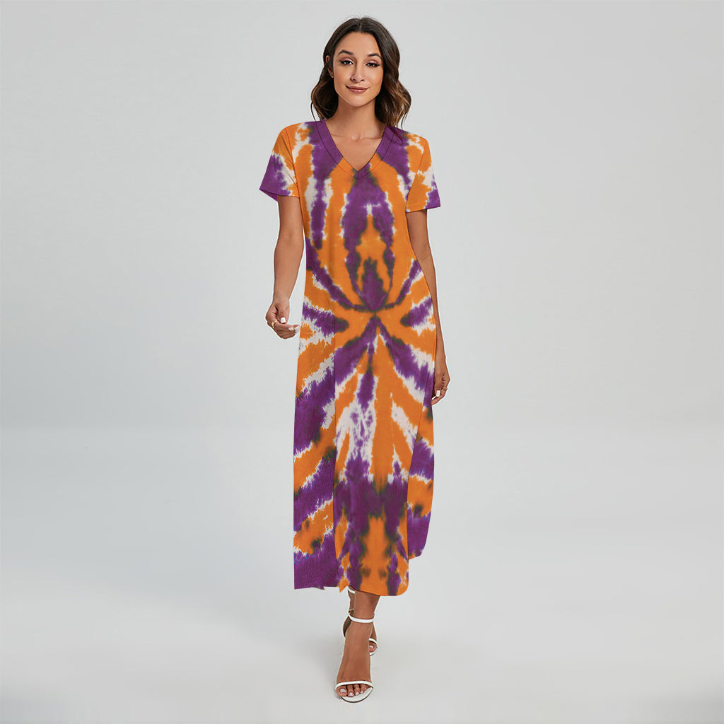 Purple And Orange Spider Tie Dye Print Short Sleeve Maxi Dress