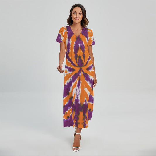 Purple And Orange Spider Tie Dye Print Short Sleeve Maxi Dress