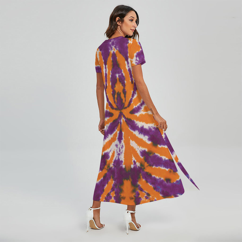 Purple And Orange Spider Tie Dye Print Short Sleeve Maxi Dress