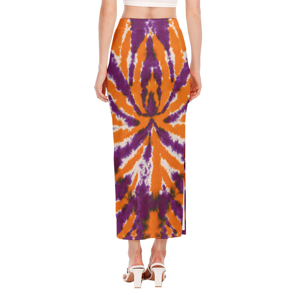 Purple And Orange Spider Tie Dye Print Side Slit Maxi Skirt