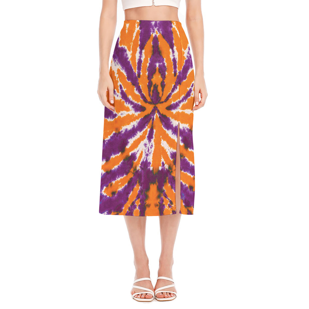 Purple And Orange Spider Tie Dye Print Side Slit Midi Skirt