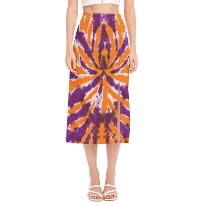 Purple And Orange Spider Tie Dye Print Side Slit Midi Skirt