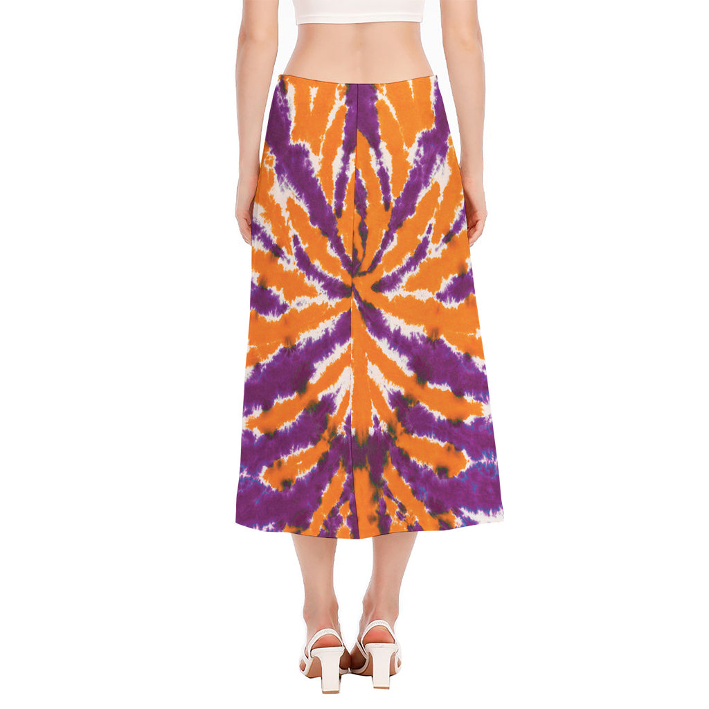 Purple And Orange Spider Tie Dye Print Side Slit Midi Skirt